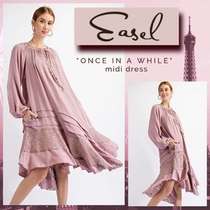 EASEL "Once In A While" Lace Trimmed Flowy Asymmetrical Bubble Sleeve Midi Dress